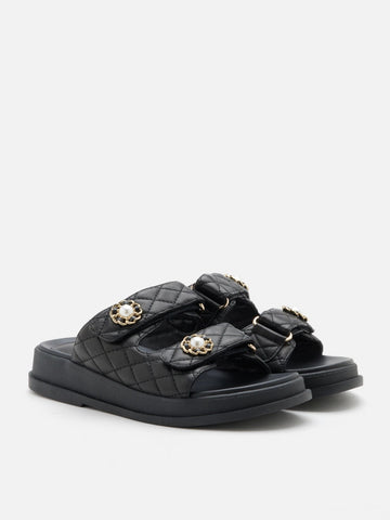 PAZZION, Leia Embellished Quilted Slides, Black